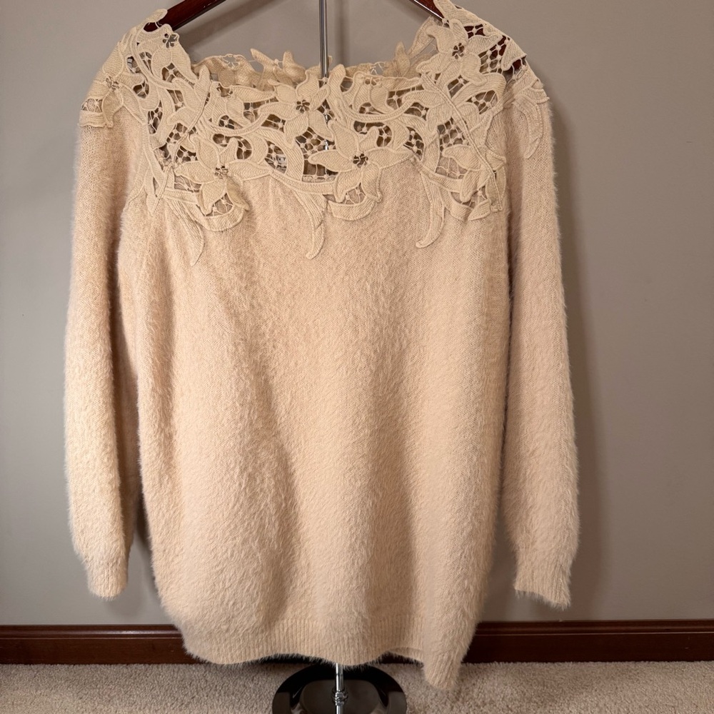 BaeVely Cream Buttery soft Sweater Lace Crochet Neck Romantic Cottagecore Sz M - Picture 2 of 11